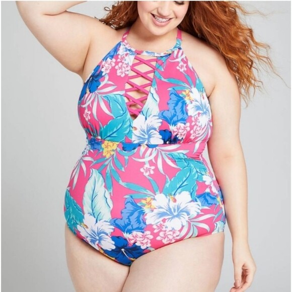 SWIM by CACIQUE floral one piece swimsuit 22 lightly lined no wire pink tropical - Picture 1 of 8